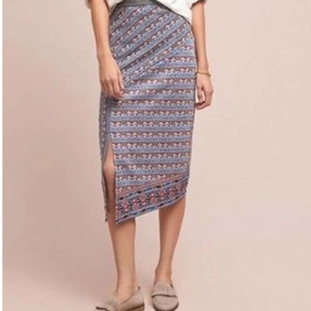 Akemi + Kin Anthropologie  Midi Pencil Skirt S Tribal Geometric Boho Blue Orange
